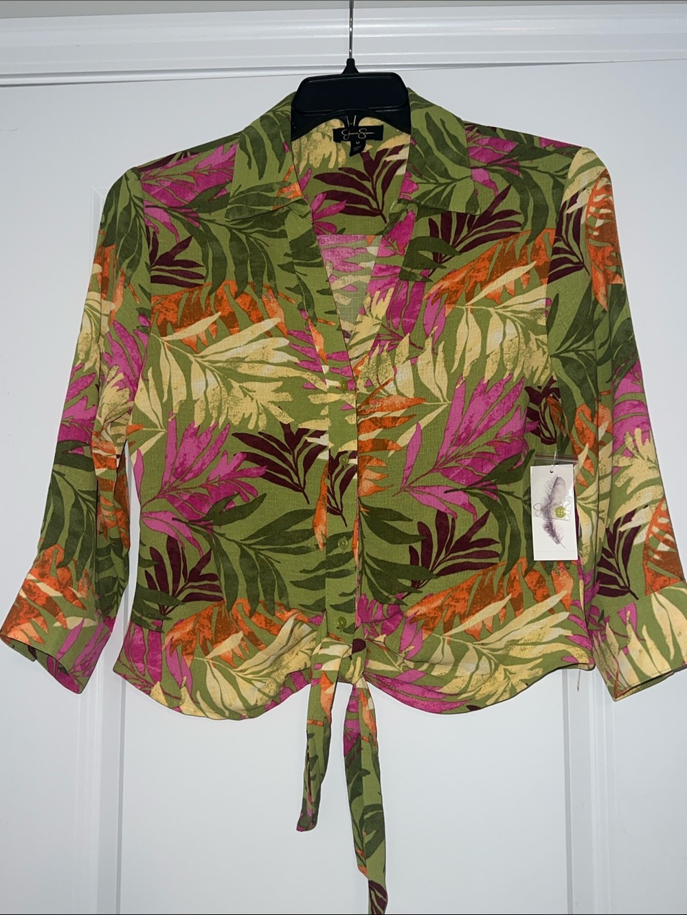 Jessica Simpson Tropical Leaf Tie-Front Blouse - Green/Pink/Orange